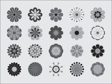 20 siluet çiçek Isolated beyaz arka plan üzerinde siyah beyaz çiçek Icon set. Yaz veya bahar çiçek, çiçek tasarım öğeleri stilize. Vektör çizim