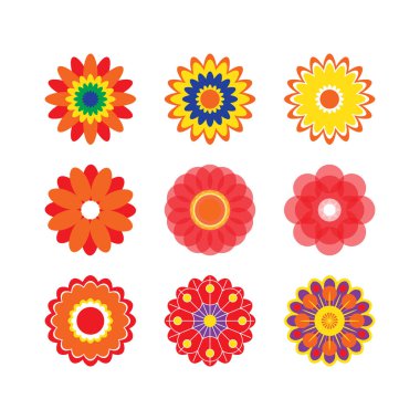 Stilize alan veya Bahçe çiçek, çiçek tasarım öğeleri. 9 öğeleri beyaz arka plan üzerinde izole renkli simgeler kümesi. Vektör çizim