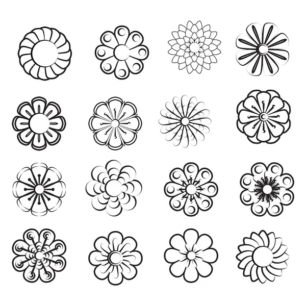 Monochrome floral icon set of 16 silhouette flowers Isolated on white background. Stylized summer or spring flowers, floral design elements. Vector illustration — Stock Vector