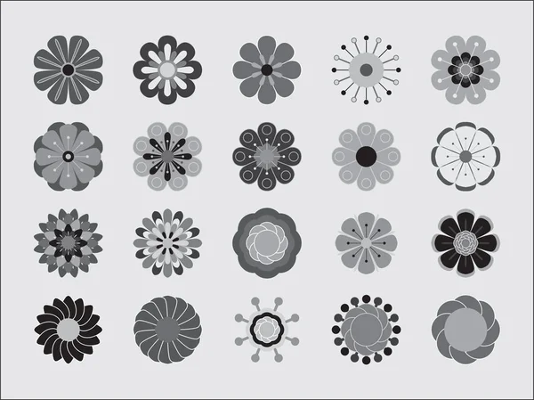 Svartvit blommig Ikonuppsättning av 20 siluett blommor isolerade på vit bakgrund. Stiliserade sommaren eller våren blommor, blommig designelement. Vektorillustration — Stock vektor