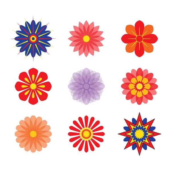 程式化领域或花园花卉, 花卉设计元素。在白色背景上隔离的9个元素的彩色图标。矢量插图 — 图库矢量图片