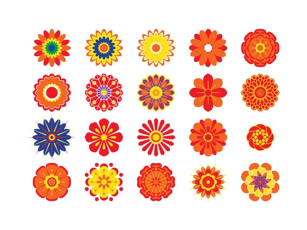 Stilisierte Feld- oder Gartenblumen, florale Designelemente. Farbige Symbole mit 20 Elementen isoliert auf weißem Hintergrund. Vektorillustration — Stockvektor