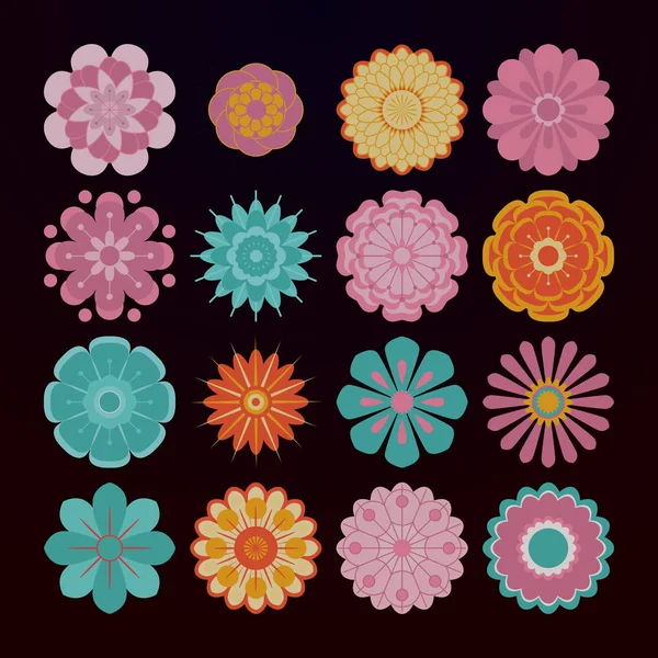 Abstrakte florale Designelemente. Vektorblumen in Pastellfarben. Farbige Symbole mit 16 Elementen auf schwarzem Hintergrund. Illustration im Stil der 70er Jahre. — Stockvektor