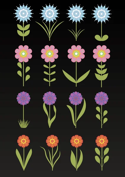 Blommig uppsättning isolera på mörk bakgrund. Blommor design, vektorillustration i olika färger. — Stock vektor
