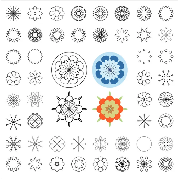 El constructor de flores. Un conjunto de elementos simples para crear colores. En el medio - cuatro flores grandes, recogidas de las mismas partes simples . — Archivo Imágenes Vectoriales