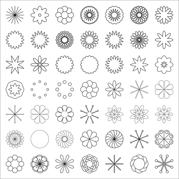 El constructor de flores. Un conjunto de elementos simples para crear colores. Conjunto de iconos florales monocromáticos de 49 flores de silueta aisladas sobre fondo blanco. Estilizadas flores de verano o primavera, florales de — Archivo Imágenes Vectoriales