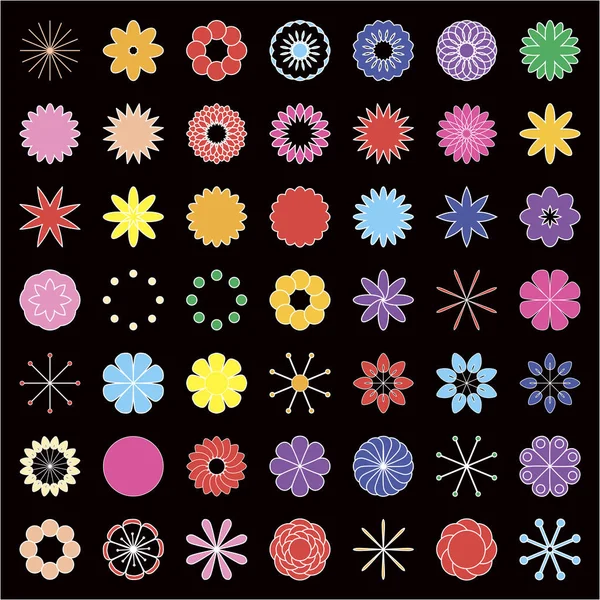 Ο σχεδιαστής των χρωμάτων. Σετ απλά στοιχεία, πολύχρωμα φλοράλ εικονίδιο σύνολο 49 σιλουέτα λουλούδια πάνω σε μαύρο φόντο. Τυποποιημένο καλοκαίρι ή την άνοιξη λουλούδια, floral σχέδιο στοιχείων. Διάνυσμα illustrat — Διανυσματικό Αρχείο