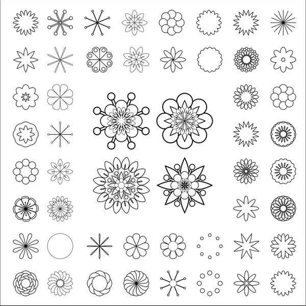 The constructor of flowers. A set of simple elements for creating colors. In the middle - four large flowers, collected from the same simple parts. — Stock Vector