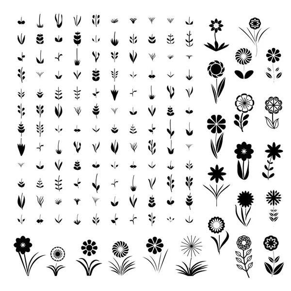 The designer of flowers. A set of simple elements, a large set of simple elements of leaves and flowers branches on a white background. Stylized summer or spring flowers, floral design elements. Vecto — Stock Vector