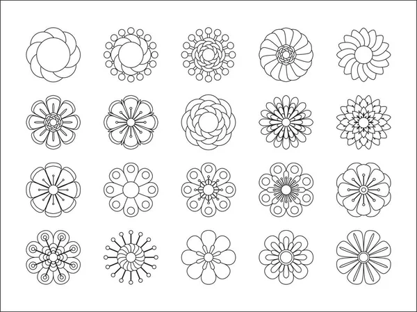 Μονόχρωμα, floral εικονίδιο σύνολο 20 λουλούδια Σκιαγραφία απομονωμένη σε άσπρο φόντο. Τυποποιημένο καλοκαίρι ή την άνοιξη λουλούδια, floral σχέδιο στοιχείων. Εικονογράφηση διάνυσμα Royalty Free Εικονογραφήσεις Αρχείου