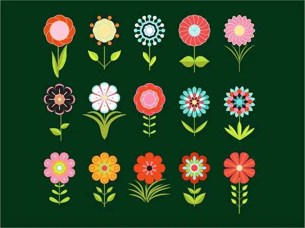 Um conjunto de diferentes flores estilizadas com várias folhas no estilo dos anos 70. Ilustração vetorial. Conjunto de ícones coloridos florescentes, elementos de design floral . Ilustração De Stock