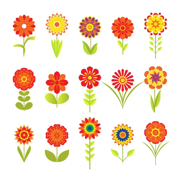 Várias flores estilizadas com folhas diferentes em estilo 70 isolado em branco. Ilustração vetorial. Conjunto de ícones coloridos florescentes, elementos de design floral . Vetor De Stock