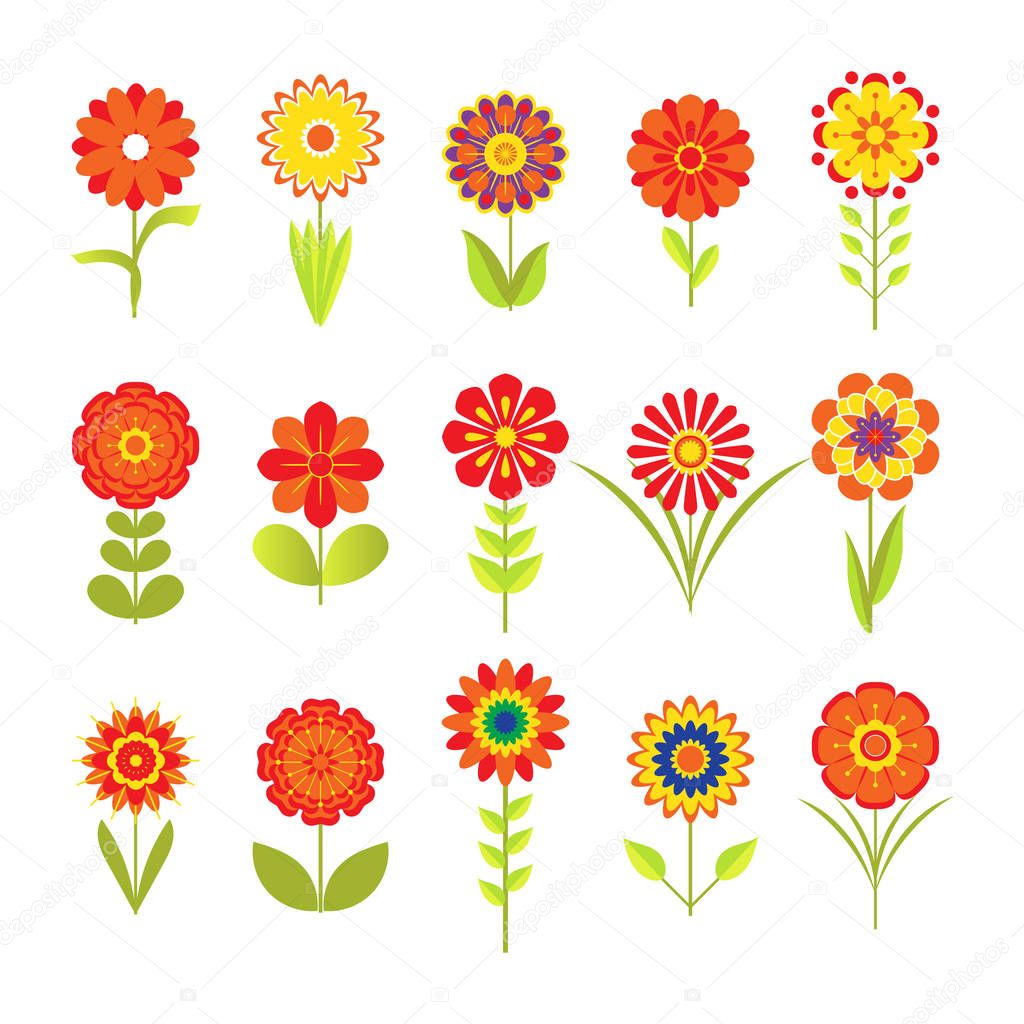 Various stylized flowers with different leaves in 70s style isolated on white. Vector illustration. Blooming colored icon set, floral design elements.