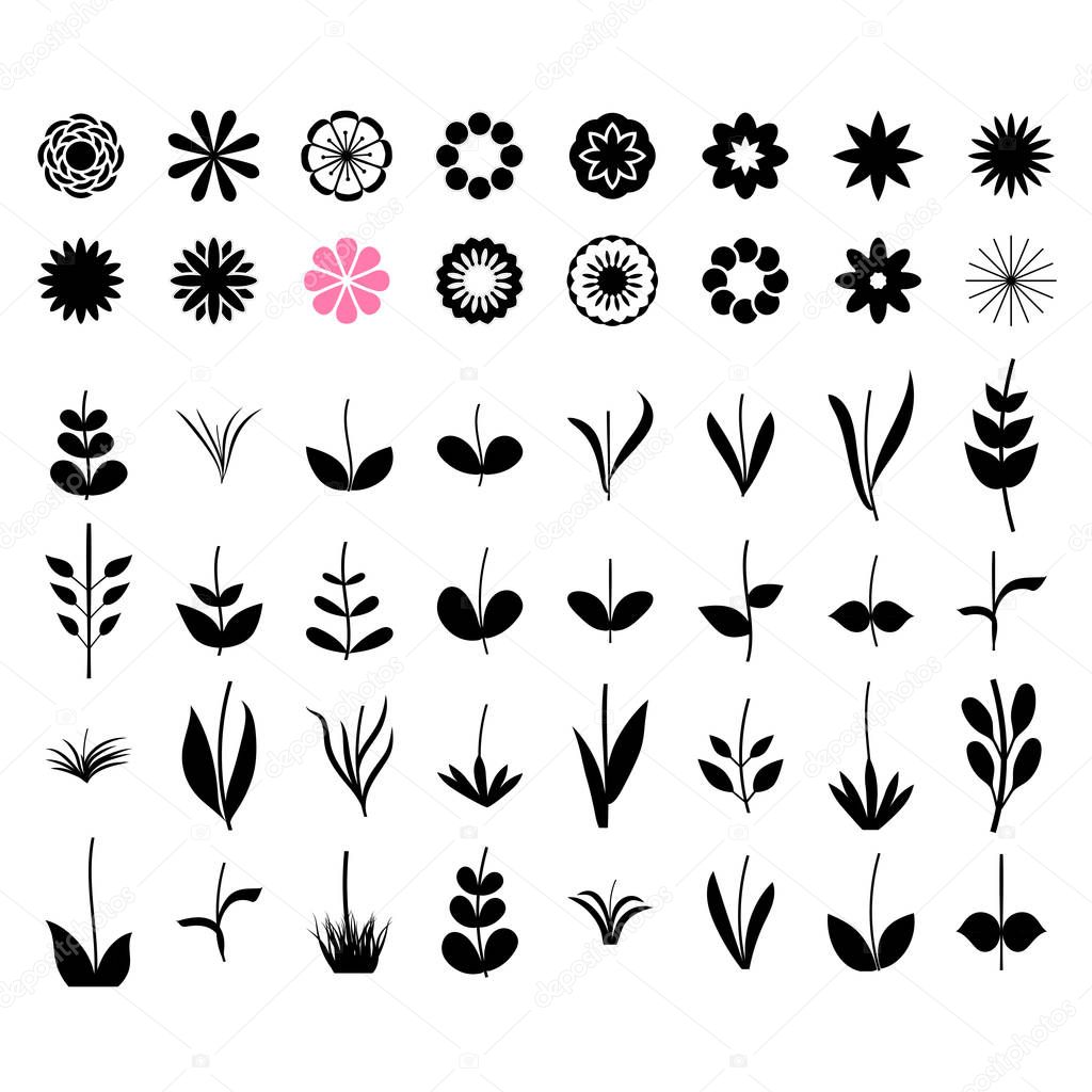 The designer of flowers. A set of simple elements, a large set of simple elements of leaves and flowers branches on a white background. Stylized summer or spring flowers, floral design elements. Vecto