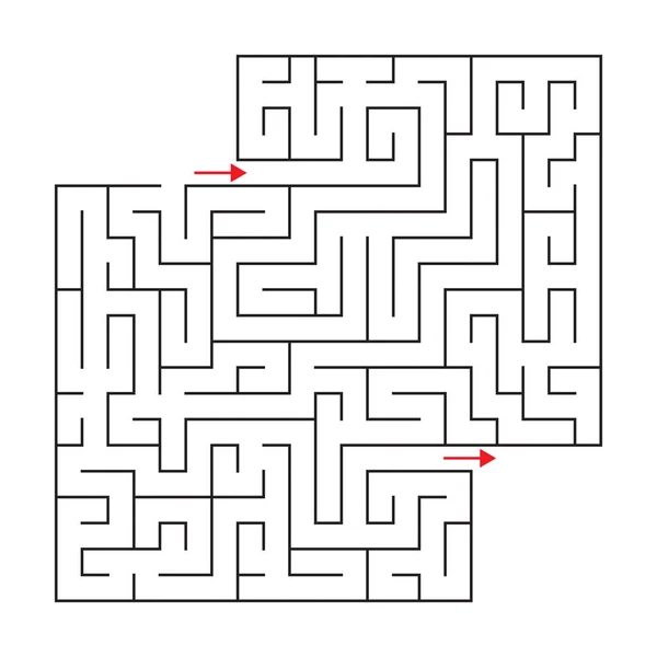 Vector square maze with entrance and exit. Black and white drawing with red arrows. — Stock Vector