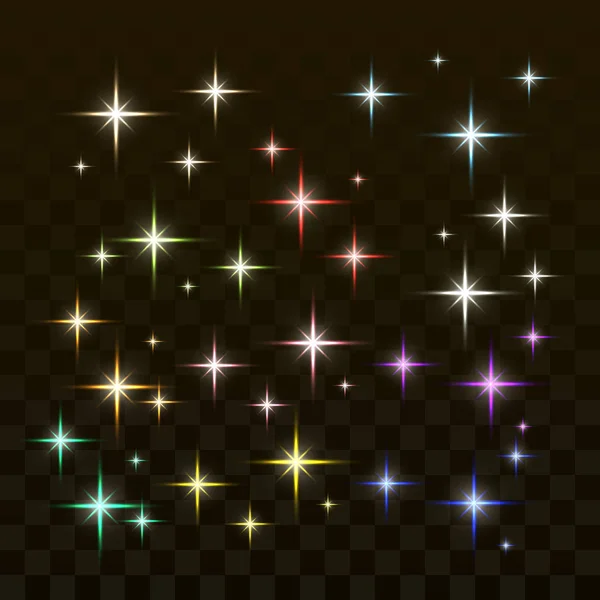 Un conjunto de estrellas brillantes. Colección de diversos efectos de luz, parpadeo y luces intermitentes. Vector — Archivo Imágenes Vectoriales