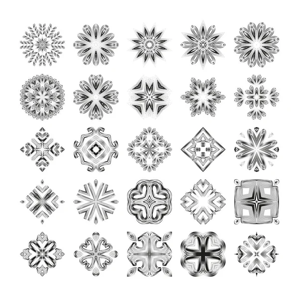 A large set of mandalas, floral ornament. Round vector design elements, black and white patterns — Stock Vector