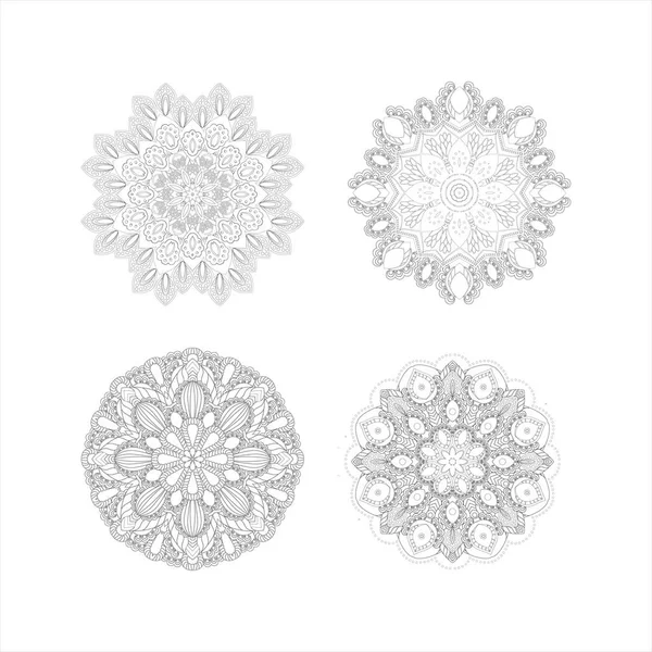 Set of 4 mandalas. Black and white image. Vector illustration Vintage decorative elements. Boho, hippie style background design. — Stock Vector