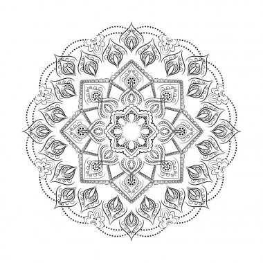 Mandala. Etnik muska. Siyah ve beyaz dekoratif unsur, süs geometrik bardak altlığı peçete deseni yuvarlak. Resim Boyama.