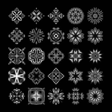 Mandalalar, çiçek süsleme büyük bir set. Yuvarlak vektör tasarım elemanları, siyah beyaz desen