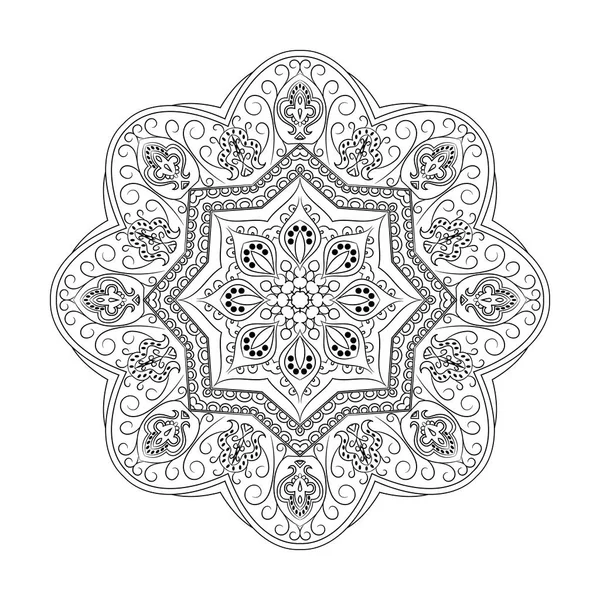 Mandala. Etnik muska. Siyah ve beyaz dekoratif unsur, süs geometrik bardak altlığı peçete deseni yuvarlak. Resim Boyama. — Stok Vektör