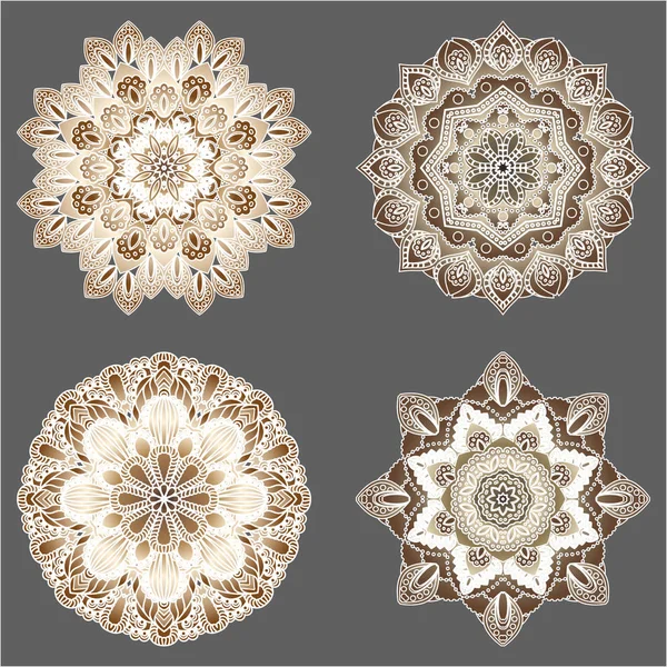 Schéma ajouré symétrique abstrait. Mandala prêt. Décor rétro oriental vectoriel. Lumière sur un fond sombre — Image vectorielle