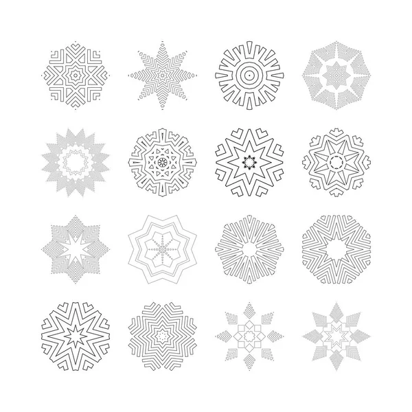 Ensemble de 16 éléments vectoriels mandala Flower. Divers ornements ronds de petite taille pour la conception de logo et d'icône, impressions ornementales pour les pages de livres à colorier — Image vectorielle