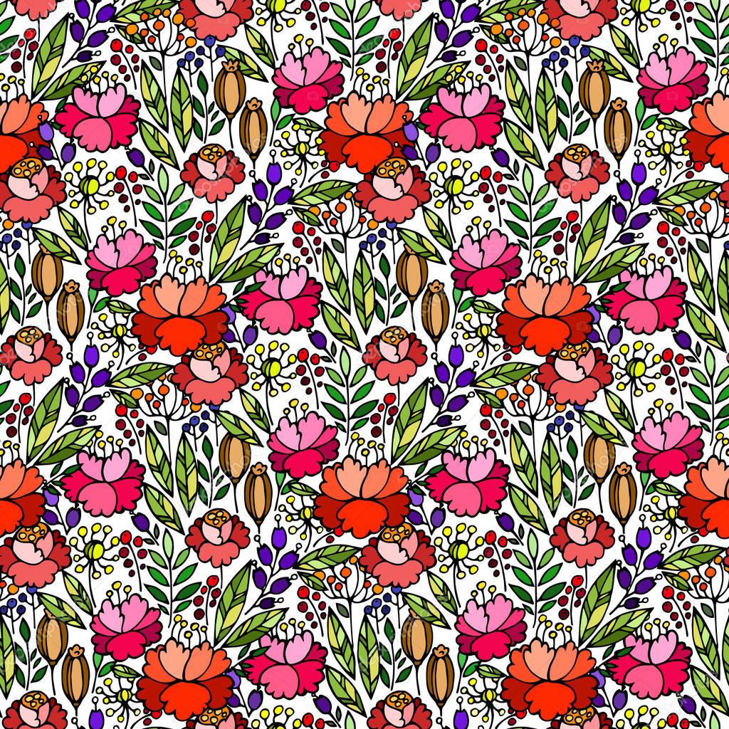 Seamless pattern with decorative red flowers
