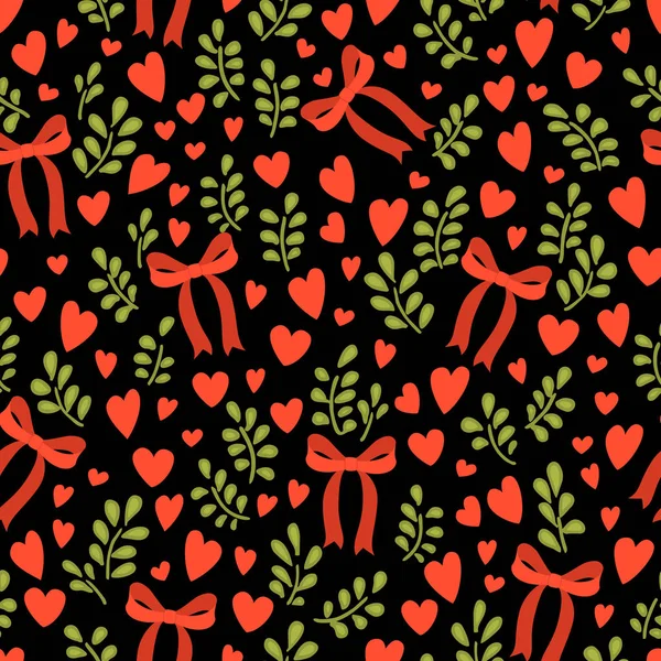 Modèle vectoriel sans couture avec des arcs rouges mignons, de petits coeurs et une branche — Image vectorielle