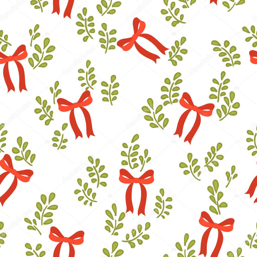 Seamless vector pattern with cute red bows and branch