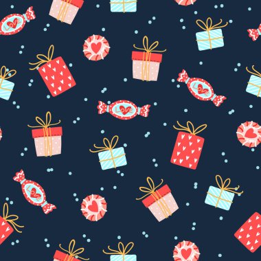 Sevgililer Günü için kusursuz desenler. Şirin şeker, cenaze arabası ve hediye kutularıyla dolu..