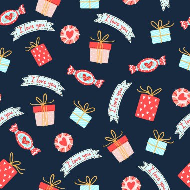 Sevgililer Günü için kusursuz vektör deseni, sevimli şekerler, kalpler ve hediye kutularıyla ayarlanmış.
