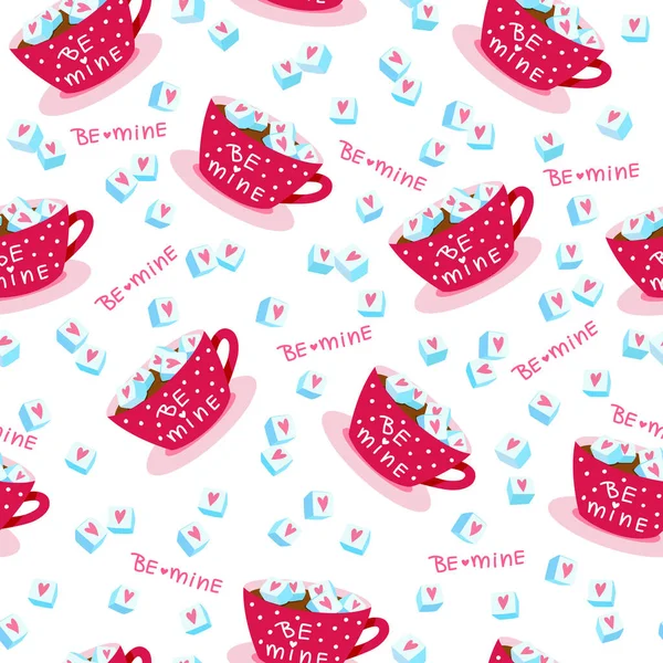 Valentines day seamless pattern with cups, hearts and sugar.