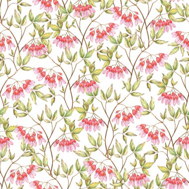 Yaprakları ve dekoratif çiçekleri olan kusursuz çiçek deseni.