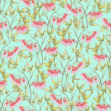 Yaprakları ve dekoratif çiçekleri olan kusursuz çiçek deseni.