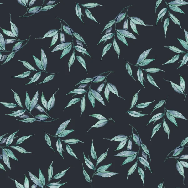 Seamless Pattern Blue Leaves Dark Background — Stock Photo, Image