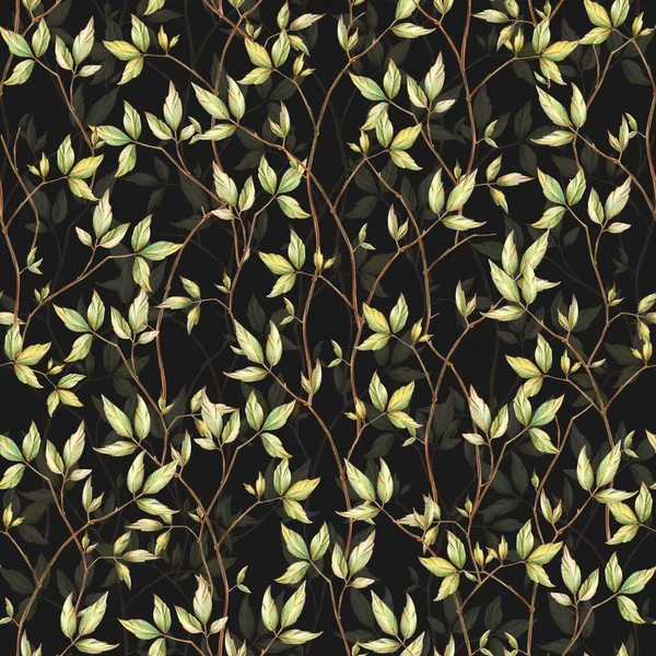 Бесшовный Цветочный Узор Листьями Ветвей Черном Фоне — стоковое фото