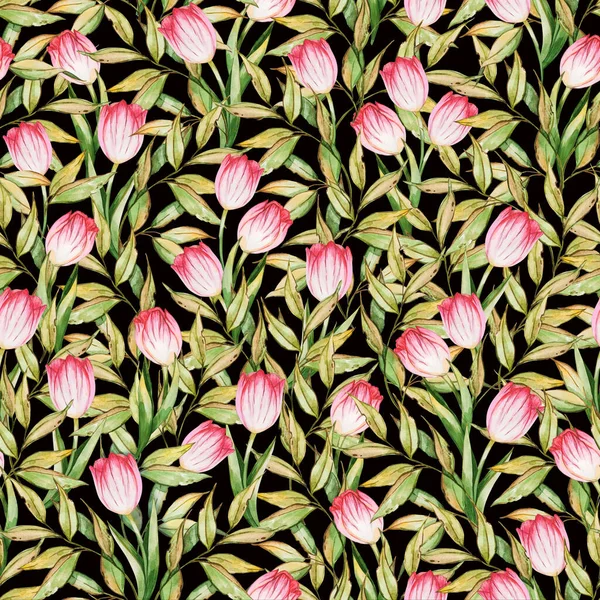 Seamless Pattern Leaves Pink Tulips Flowers Dark Background — Stock Photo, Image