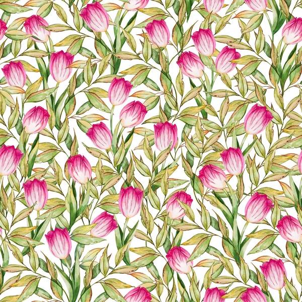 Seamless pattern with leaves and pink tulips flowers on dark background