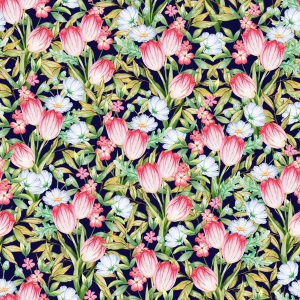 Seamless Pattern Leaves Pink Tulips Lilac Daisies Black Background Watercolor — Stock Photo, Image