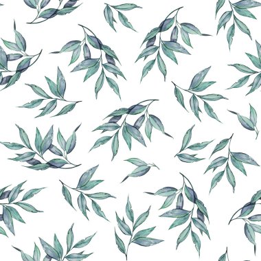 Geniş arkaplanda yaprakları olan kusursuz desen, suluboya çiçek deseni, duvar kağıdı, kart veya kumaş için fayanslı