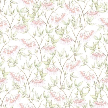 Duvar kağıdı, kart veya kumaş için uygun renkli kalemlerle çizilmiş yapraklı ve dekoratif çiçeklerle kusursuz desenli..
