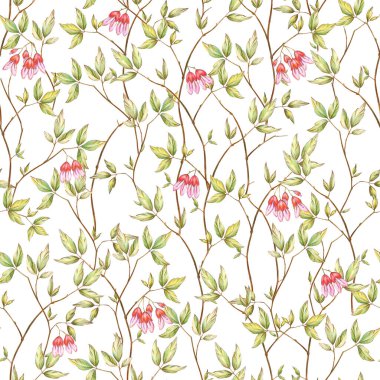 Duvar kağıdı, kart veya kumaş için uygun renkli kalemlerle çizilmiş yapraklı ve dekoratif çiçeklerle kusursuz desenli..