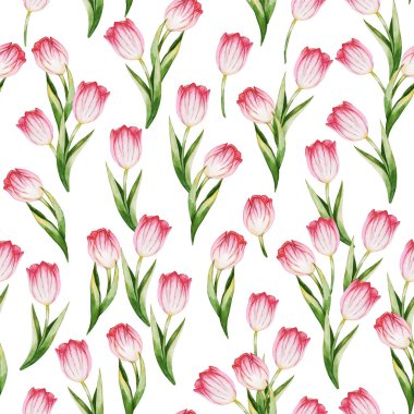 Koyu arkaplanda yaprakları ve pembe laleleri olan kusursuz desen, suluboya çiçek deseni, duvar kağıdı, kart veya kumaşa uygun..