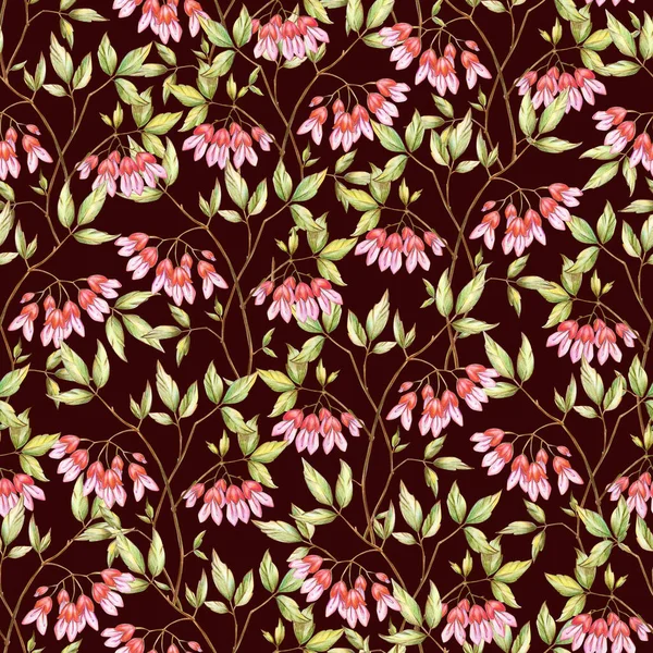 Seamless floral pattern with leaves and decorative flowers, drawn by colored pencils, suitable for wallpaper, card or fabric.