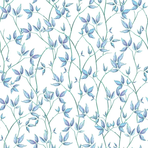 Nahtloses Blumenmuster Mit Zweigblättern Auf Weißem Hintergrund Von Buntstiften Gezeichnet — Stockfoto