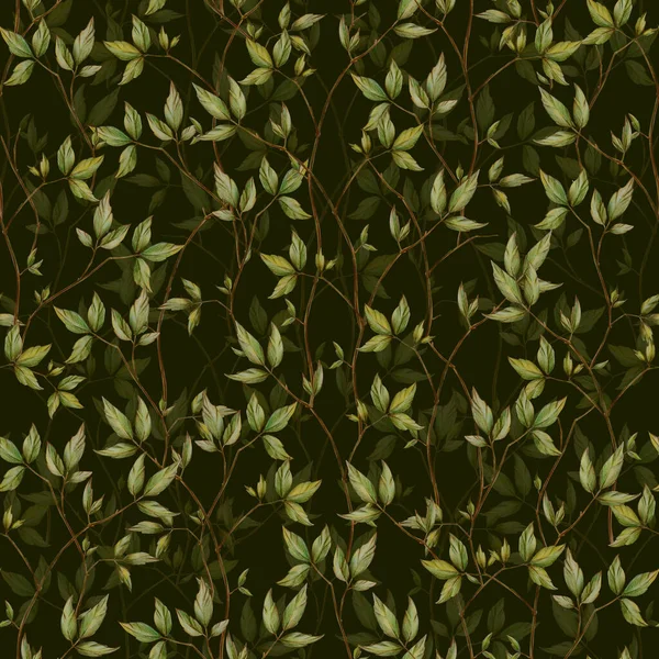 Бесшовный Цветочный Узор Листьями Ветвей Черном Фоне Нарисованный Цветными Карандашами — стоковое фото