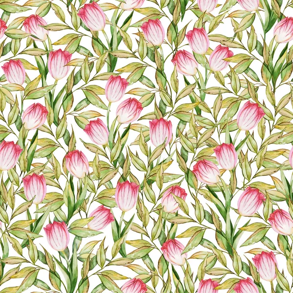 Nahtloses Muster Mit Blättern Und Rosa Tulpenblüten Auf Weißem Hintergrund — Stockfoto