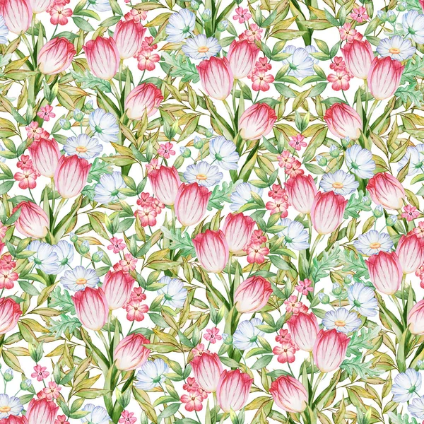 Nahtloses Muster Mit Blättern Rosa Tulpenblüten Und Lila Gänseblümchen Auf — Stockfoto
