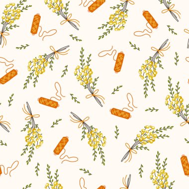 Sevimli dikişsiz vektör arkaplanı, iplik ve buket karışımı.